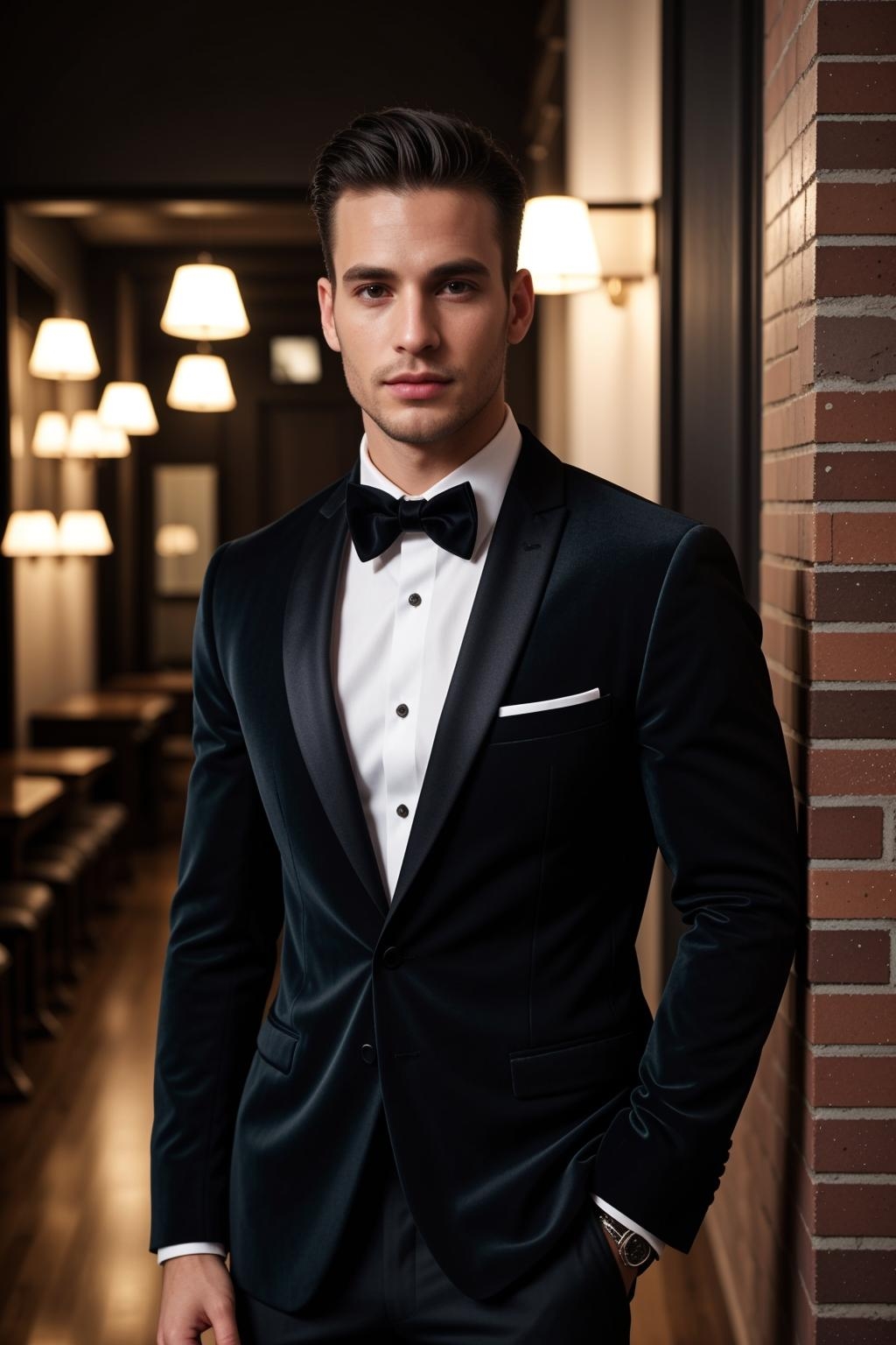 A handsome man in a tailored black tuxedo, velvet lapels, slim fit, classic silhouette, crisp white dress shirt, black bow tie, polished leather shoes, dimly lit speakeasy ambiance, solid color background, high fashion ad campaign