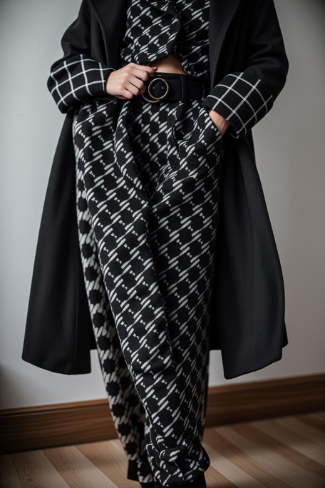 Knee length loose fit black woolen coat with stripes, white wide collar and turn up cuffs with black crossed lines, houndstooth waist coat and high waist wide woolen pant